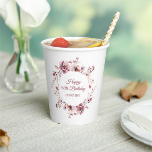 Personalisierter Burgundy Pink Floral 90. Geburtst Pappbecher
