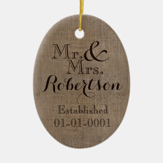 Personalisierter Burlap-Look Rustikaler Hochzeitsk Keramik Ornament (Vorne)