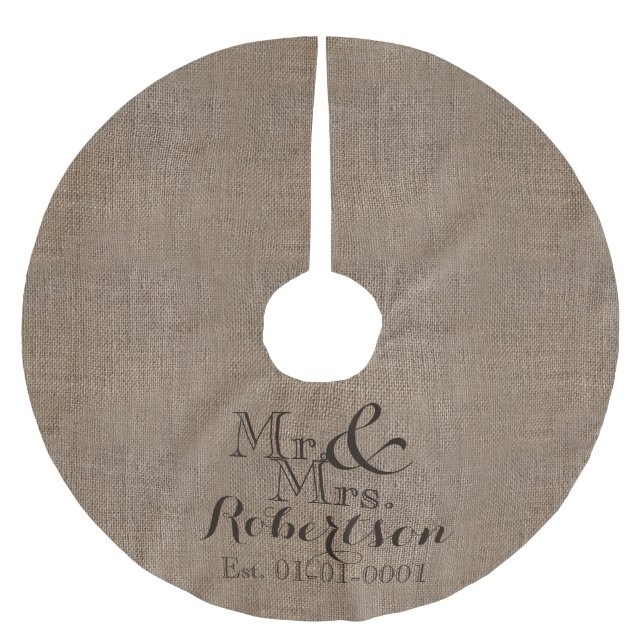 Personalisierter Burlap-Look Rustikaler Wedding Ke Polyester Weihnachtsbaumdecke (Vorderseite)