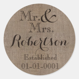 Personalisierter Burlap-Look Rustikaler Wedding Ke Runder Aufkleber