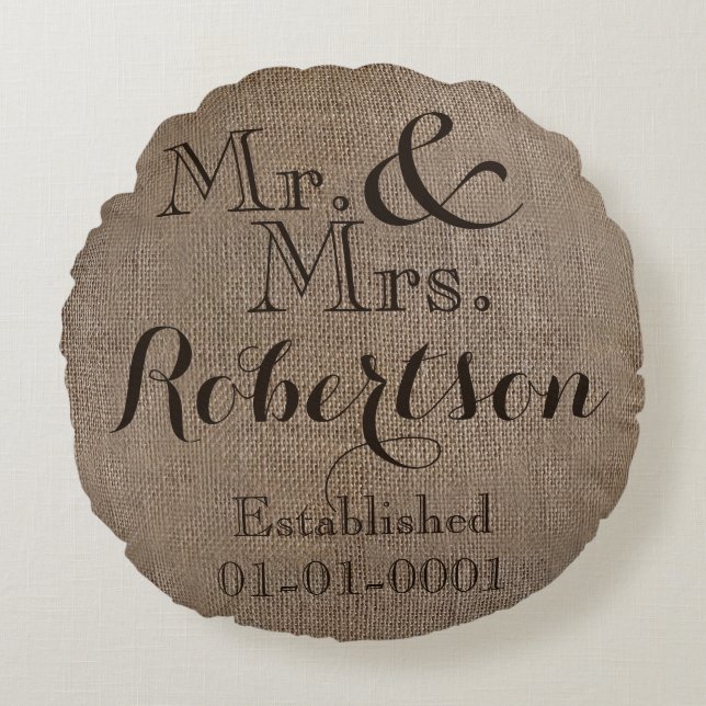 Personalisierter Burlap-Look Rustikaler Wedding Ke Rundes Kissen (Vorderseite)