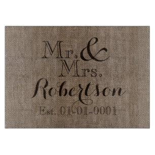 Personalisierter Burlap-Look Rustikaler Wedding Ke Schneidebrett