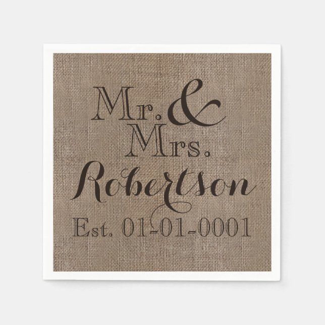 Personalisierter Burlap-Look Rustikaler Wedding Ke Serviette (Vorderseite)