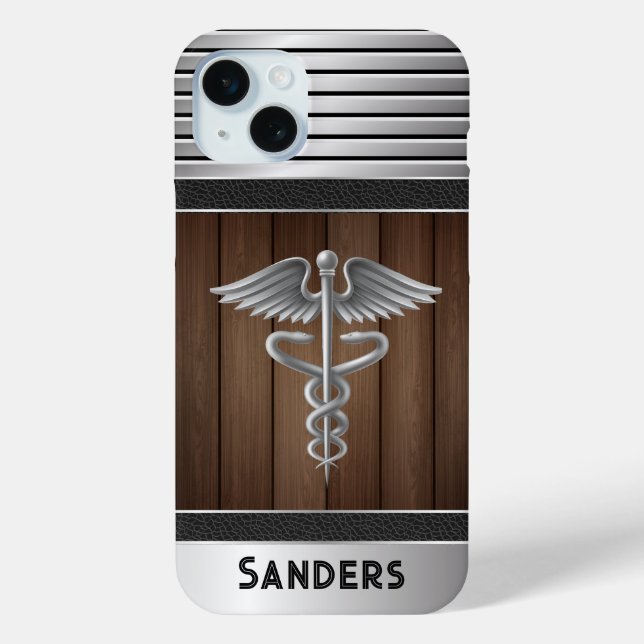 Personalisierter Caduceus Doctor Metal & Wood Case-Mate iPhone Hülle (Rückseite)