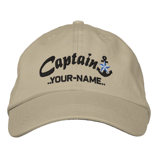Personalisierter Captain Star Anchor Name Black Bestickte Baseballkappe (Vorderseite)