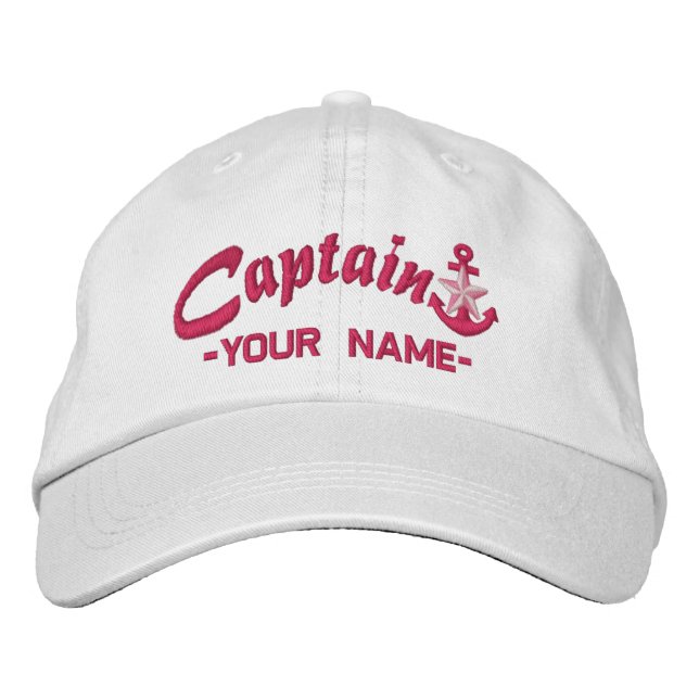 Personalisierter Captain Star Anchor Name Fuchsia Bestickte Baseballkappe (Vorderseite)