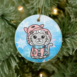 Personalisierter Cartoon Kitty Cat in Winterhut Keramik Ornament