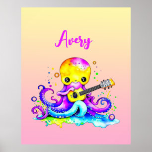 Personalisierter Cartoon-Oktopus, der Gitarre spie Poster