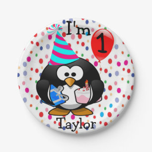 Personalisierter Cartoon Pinguin 1. Geburtstag Par Pappteller