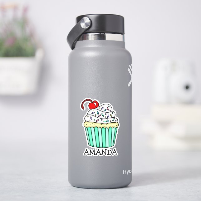 Personalisierter Cartoon Vanilla Cupcake und Name Aufkleber (HydroFlask)