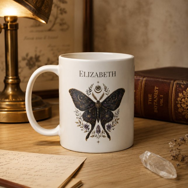 Personalisierter Celestial-Moth-Dunkel-Botanik-Kaf Kaffeetasse (Personalized Celestial Moth Dark Botanical Coffee Mug)