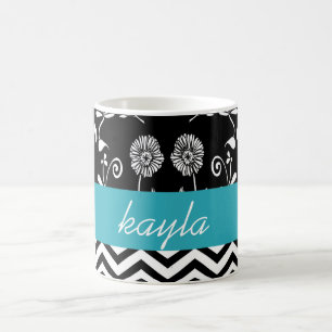 Personalisierter Chevron & Floral Türkis Weiß & Sc Tasse