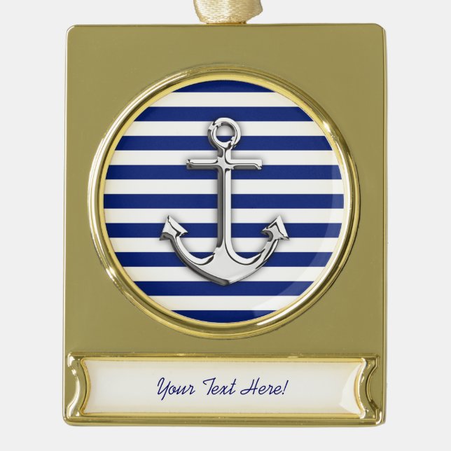 Personalisierter Chrome-Anker auf Navy-Streifen Banner-Ornament Gold (Vorderseite)