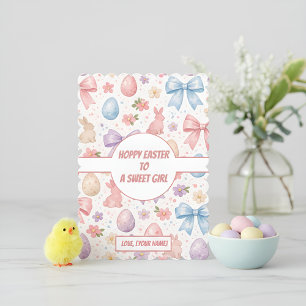 Personalisierter Coquette-Hase & rosa Oster-Schlei Feiertagskarte