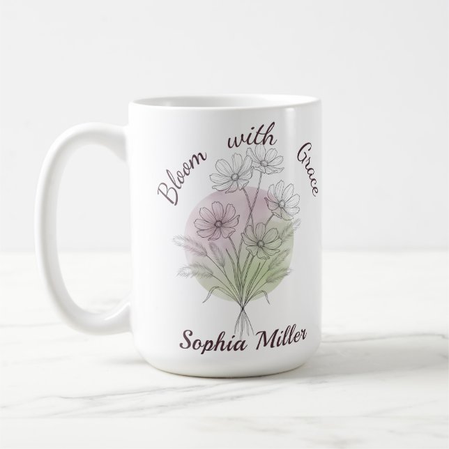 Personalisierter Cosmos Name Botanische Blumen Kaffeetasse (Links)