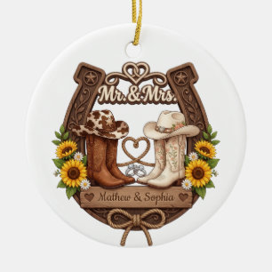 Personalisierter Cowboy-Hochzeits-Weihnachts-Schmu Keramik Ornament