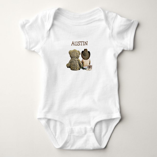 Personalisierter Cowboy und Teddy Bear Baby One St Strampler (Vorderseite)