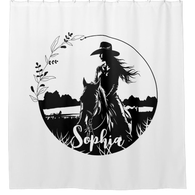 Personalisierter Cowgirl-Western Reittier Duschvorhang (Vorderseite)