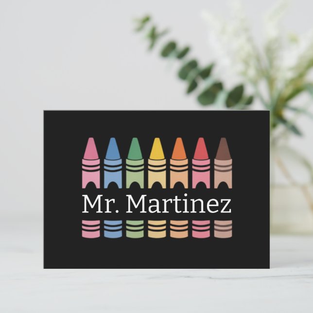 Personalisierter Crayon Lehrer Name Niedlich Back  Dankeskarte (Stehend Vorderseite)