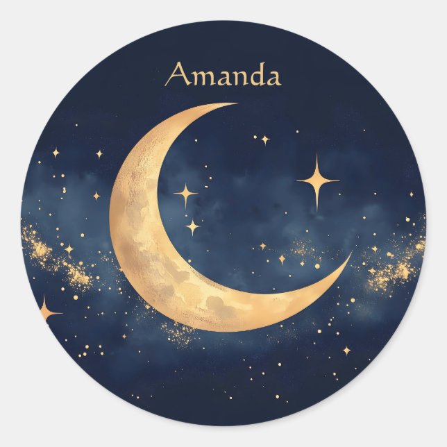 Personalisierter Crescent Moon und Stars Night Sky Runder Aufkleber (Vorderseite)