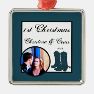 Personalisierter Custom Western Blue Cowboy Boots Silbernes Ornament