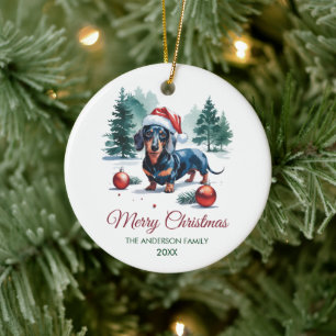 Personalisierter Dachshund in Weihnachtsmannmütze  Keramik Ornament