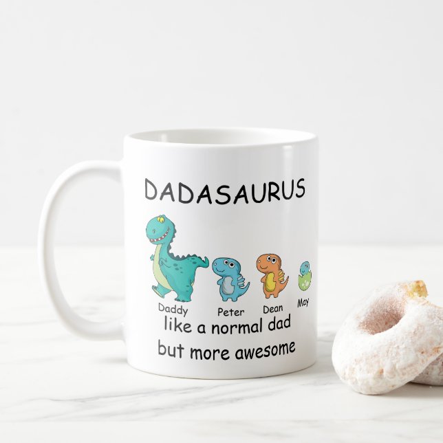 Personalisierter Dadasaurus bis zu 3 Kinder Kaffeetasse (Mit Donut)