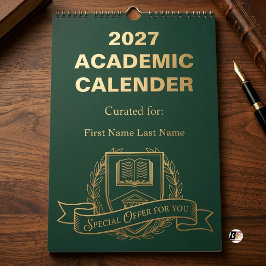 Personalisierter Dark Academia Grün & Gold 2027 Ak Kalender