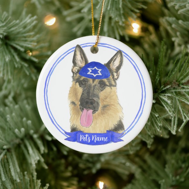 Personalisierter deutscher Schäferhund Dog Hanukka Keramik Ornament (Baum)