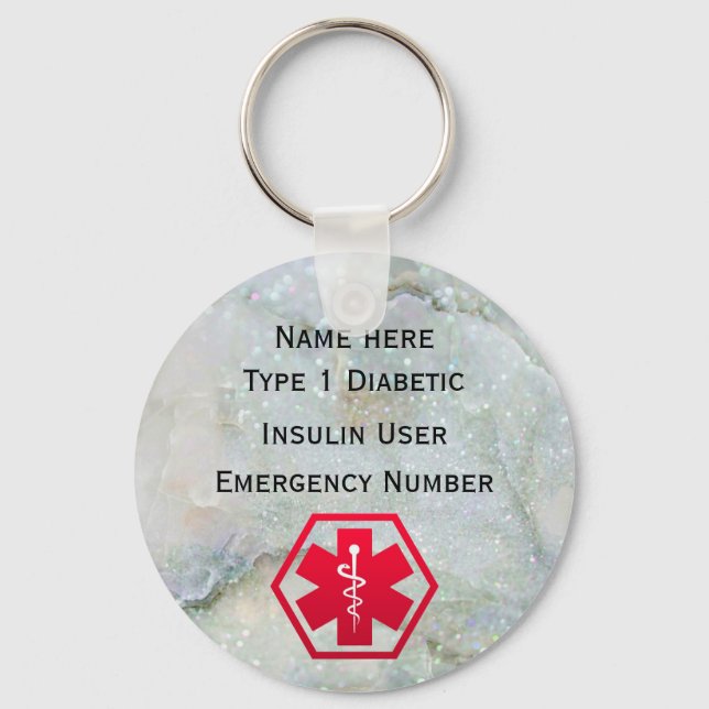 Personalisierter diabetischer Warnhinweis Typ 1 od Schlüsselanhänger (Vorderseite)