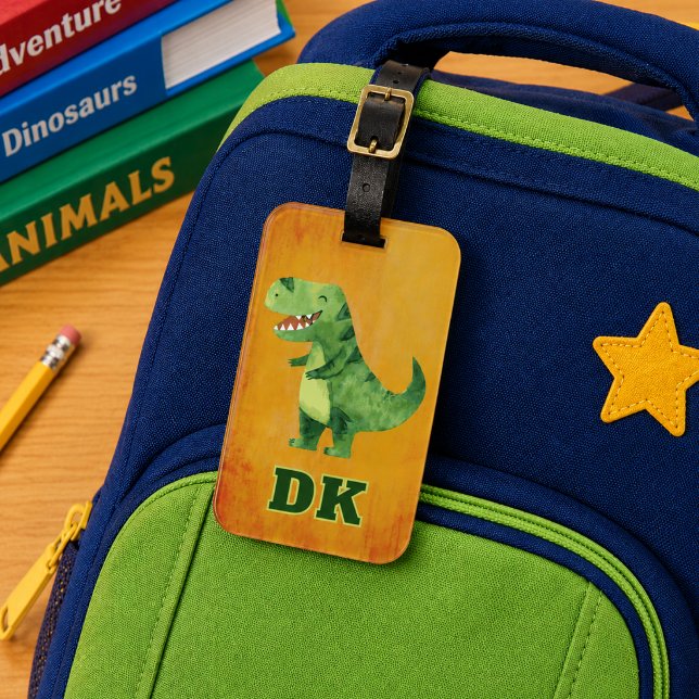 Personalisierter Dinosaurier-ID-Schulanhänger Gepäckanhänger (Fun dinosaur child's school backpack or sports bag ID tag. Monogrammed with initials. )