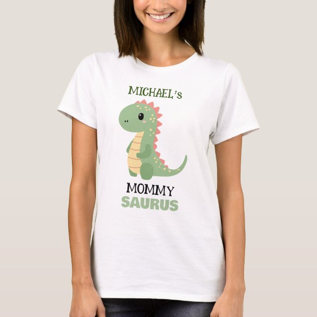 Personalisierter Dinosaurier "Mommy Saurus" Geburt T-Shirt (Vorderseite)