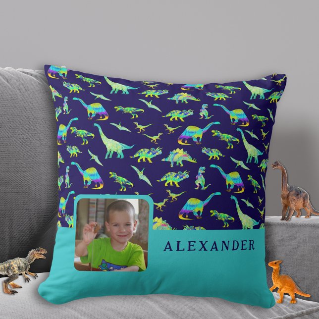 Personalisierter Dinosauriername Foto Blau Kissen (Colorful dinosaur boys personalized photo and name navy blue pillow Cute dino home decor for kids)
