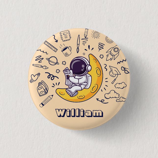 Personalisierter Doodle-Weltraum-Planeten-Back-to- Button (Vorderseite)