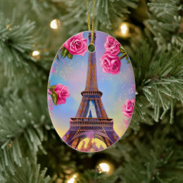 Personalisierter Eiffelturm Rosa Rose Weihnachten Keramik Ornament