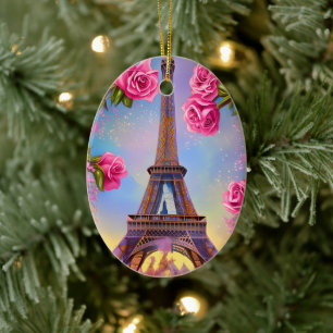 Personalisierter Eiffelturm Rosa Rose Weihnachten Keramik Ornament