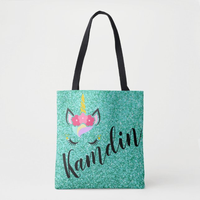 Personalisierter Einhorn Aquamariner Glitzer Tote  (Vorderseite)