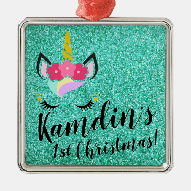 Personalisierter Einhorn Aquamariner Glitzer XMAS  Ornament Aus Metall (Vorne)