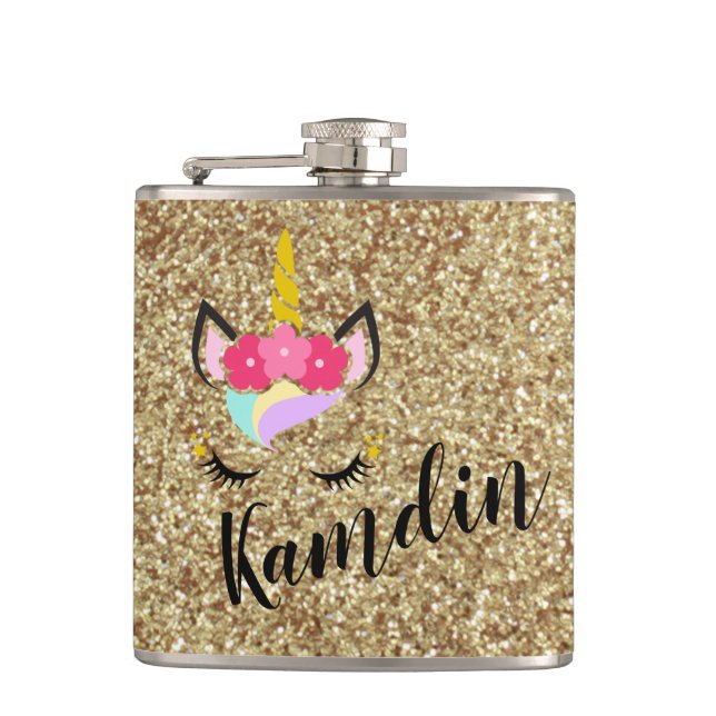 Personalisierter Einhorn-Gold-Glitzer-Flasche Flachmann (Vorderseite)