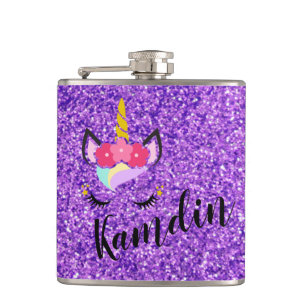 Personalisierter Einhorn Lila Glitzer Flasche Flachmann