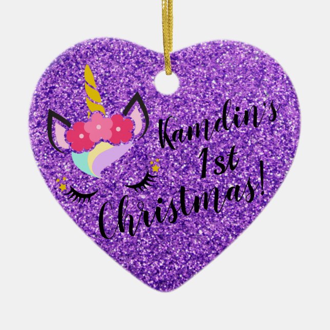Personalisierter Einhorn Lila Glitzer XMAS Ornamen Keramik Ornament (Vorne)