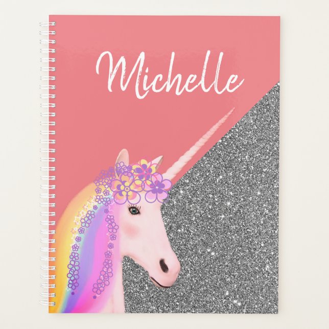 Personalisierter Einhorn Pastel Rainbow Glitzer Planer (Vorderseite)