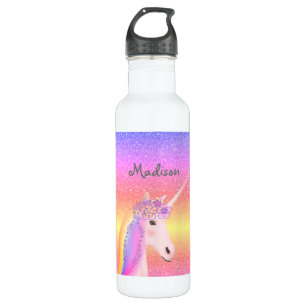 Personalisierter Einhorn Regenbogen Glitzer Kinder Edelstahlflasche