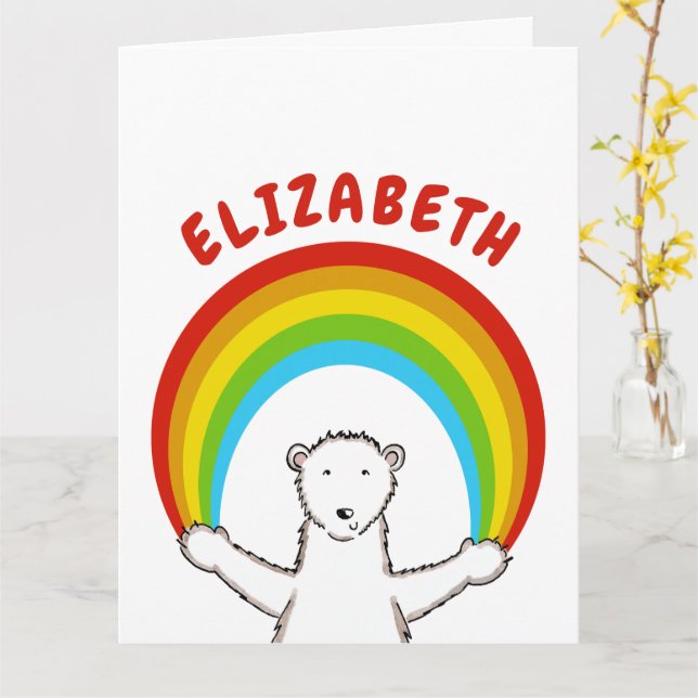 Personalisierter Eisbär und Regenbogen Geburtstag Karte (Gelbe Blume)