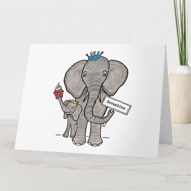 Personalisierter Elefant und Baby Karte (Vorderseite)
