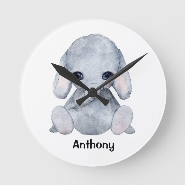 Personalisierter Elefantenname Wasserfarbe Moderne Runde Wanduhr (Vorderseite)