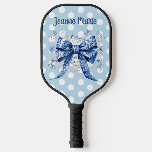 Personalisierter Eleganter Blue Bow mit Polka Dots Pickleball Schläger (Vorderseite)