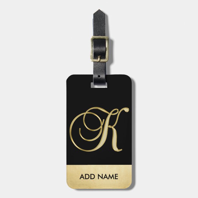 Personalisierter eleganter Schwarz-Gold-Monogramm- Gepäckanhänger (Vorderseite vertikal)