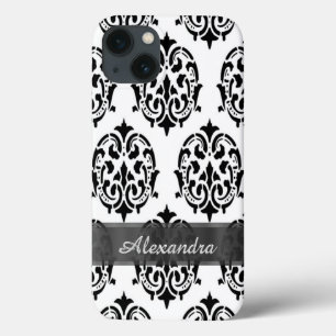 Personalisierter eleganter schwarz-weißer Damast Case-Mate iPhone Hülle