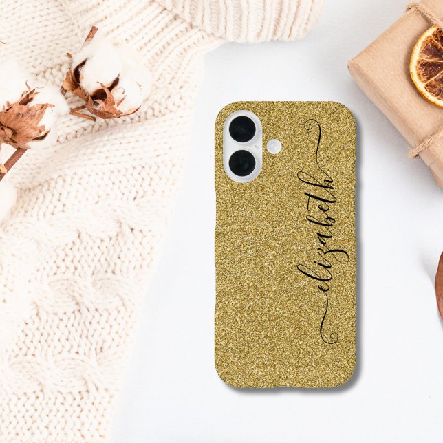 Personalisierter, eleganter Script-Gold-Glitzer Case-Mate iPhone Hülle (Gold Glitter iPhone 16 15 14 13 12 case. Monogram it with your name. Script Calligraphy monogram)